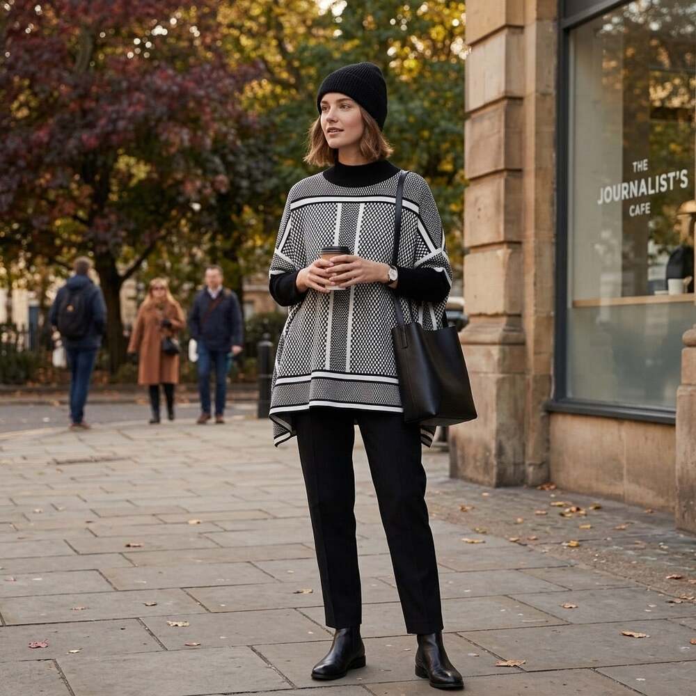 Women’s checkered knit poncho sweater